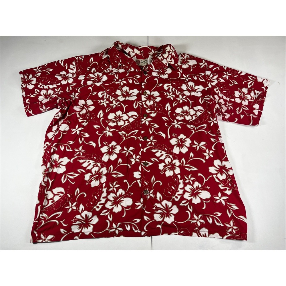 VTG Hilo Hattie Shirt Mens 3XL Button Hawaiian Floral Beach Camp Made Hawaii Red